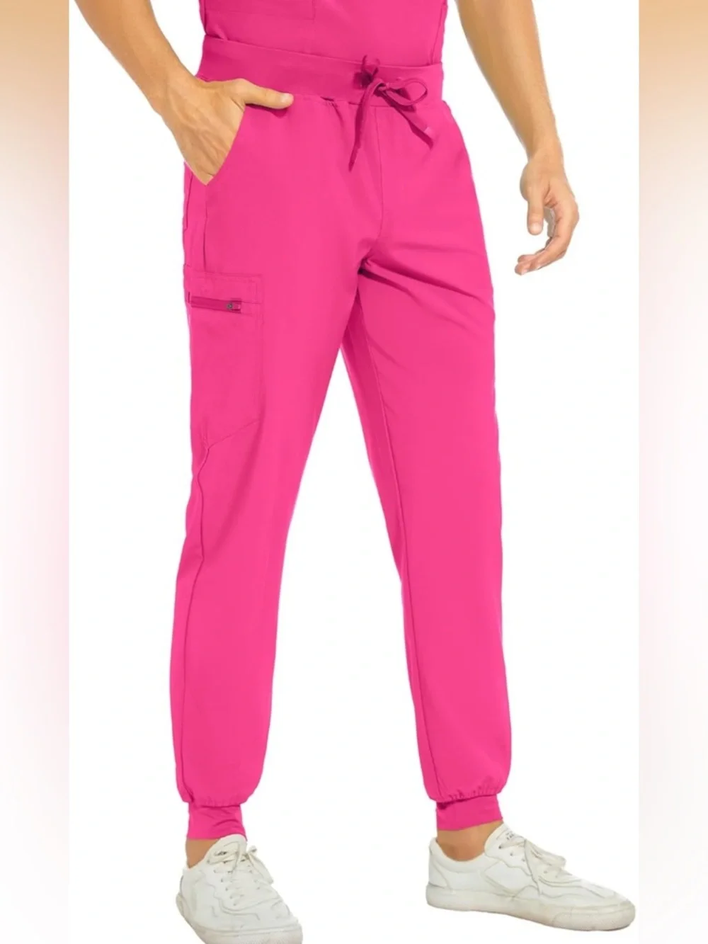 COZYFIT V-Neck Scrub Top &Jogger Pant W/8 Pockets, Anti Wrinkle, M-Tall Hot Pink